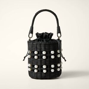 NWT♠️ Kate Spade Target Pearl Embellished Basket Bucket Bag Black Wicker Handbag